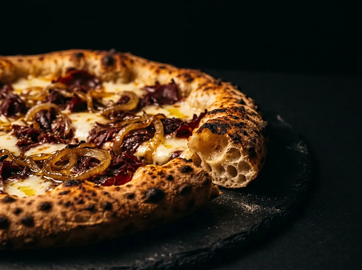 Pizza de carne de sol com cebola caramelizada